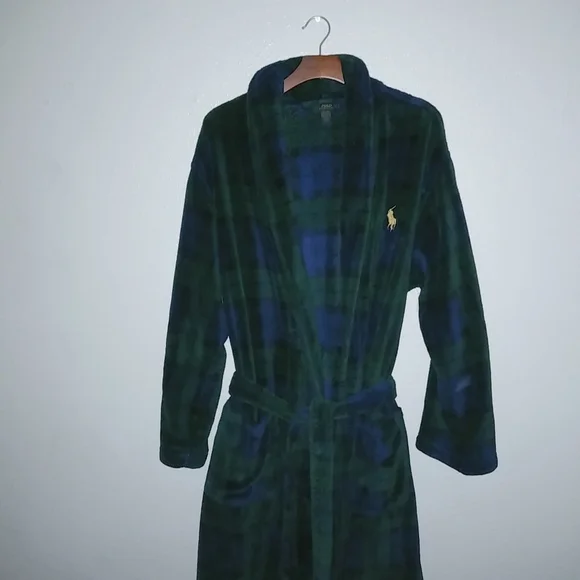 Polo Ralph Lauren S/M Mens Belted Blue Hunter Green Plaid Fleece Robe - Picture 3 of 8